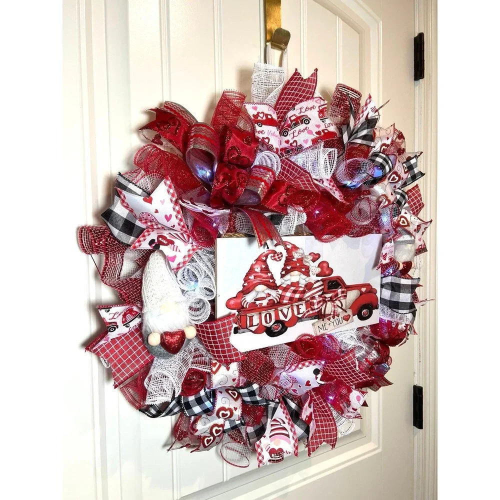 Handmade Valentine’s Gnome LOVE Truck Ribbon Prelit Wreath 22 ins LED W15